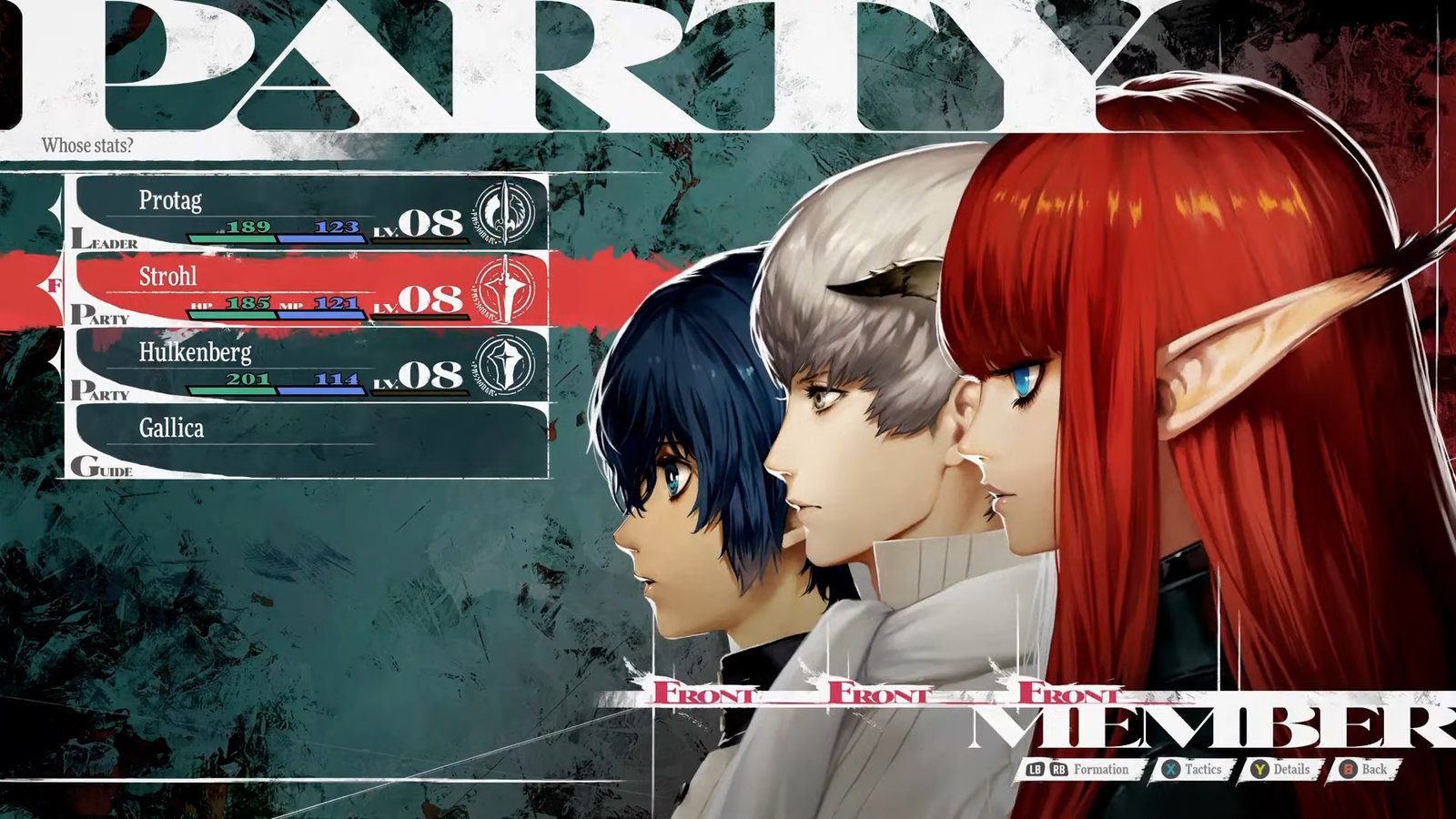 A screenshot of the hero's party during one of the best single player games, Metaphor: ReFantazio.