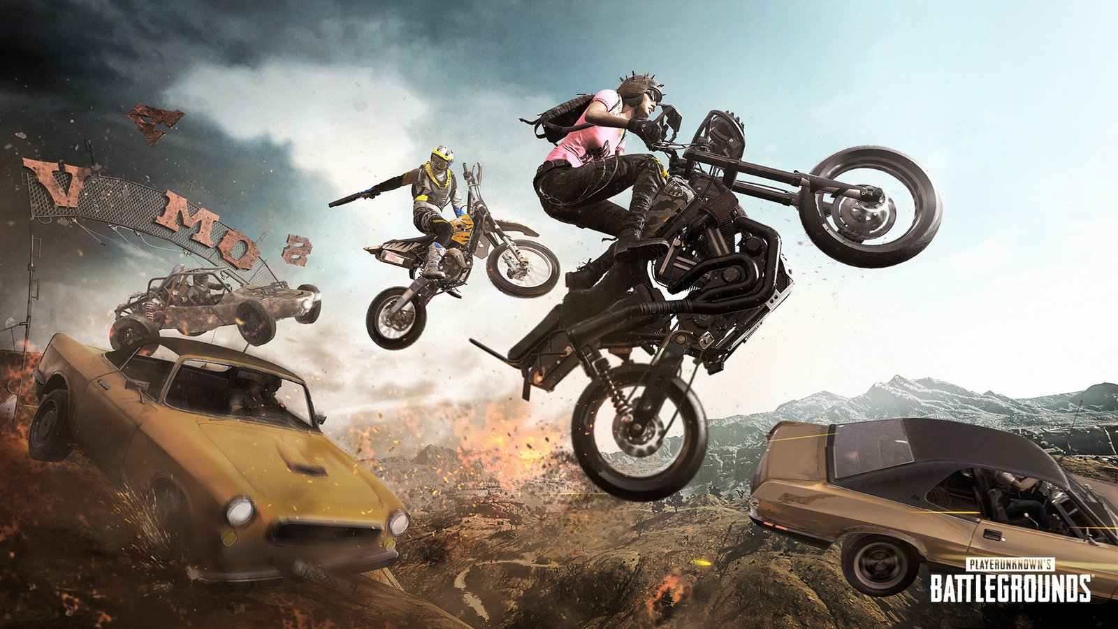 Two player on motorbikes pictured on a poster for the FPS game PUBG: Battlegrounds.
