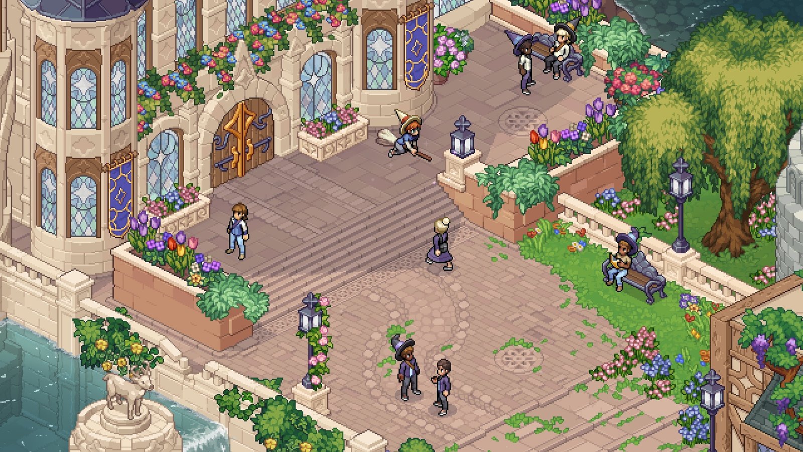 Witchbrook screenshot of a library in the magical college with witches flying on brooms