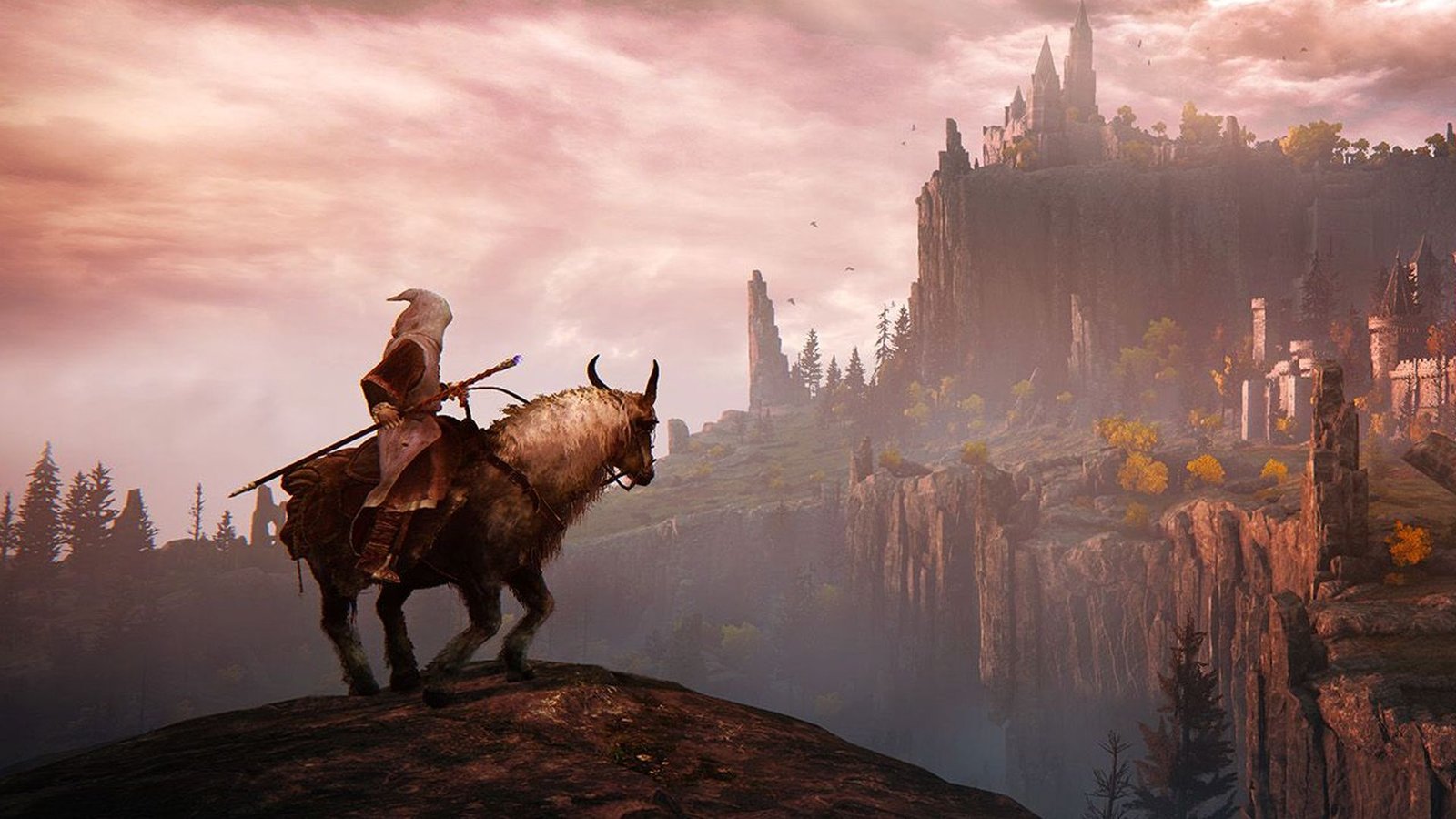 Best single-player games: a screenshot of a player on looking out towards a castle in Elden Ring.