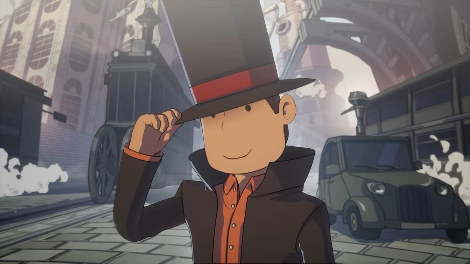 Professor Layton tipping his hat in the upcoming Switch game, Professor Layton and the New World of Steam.