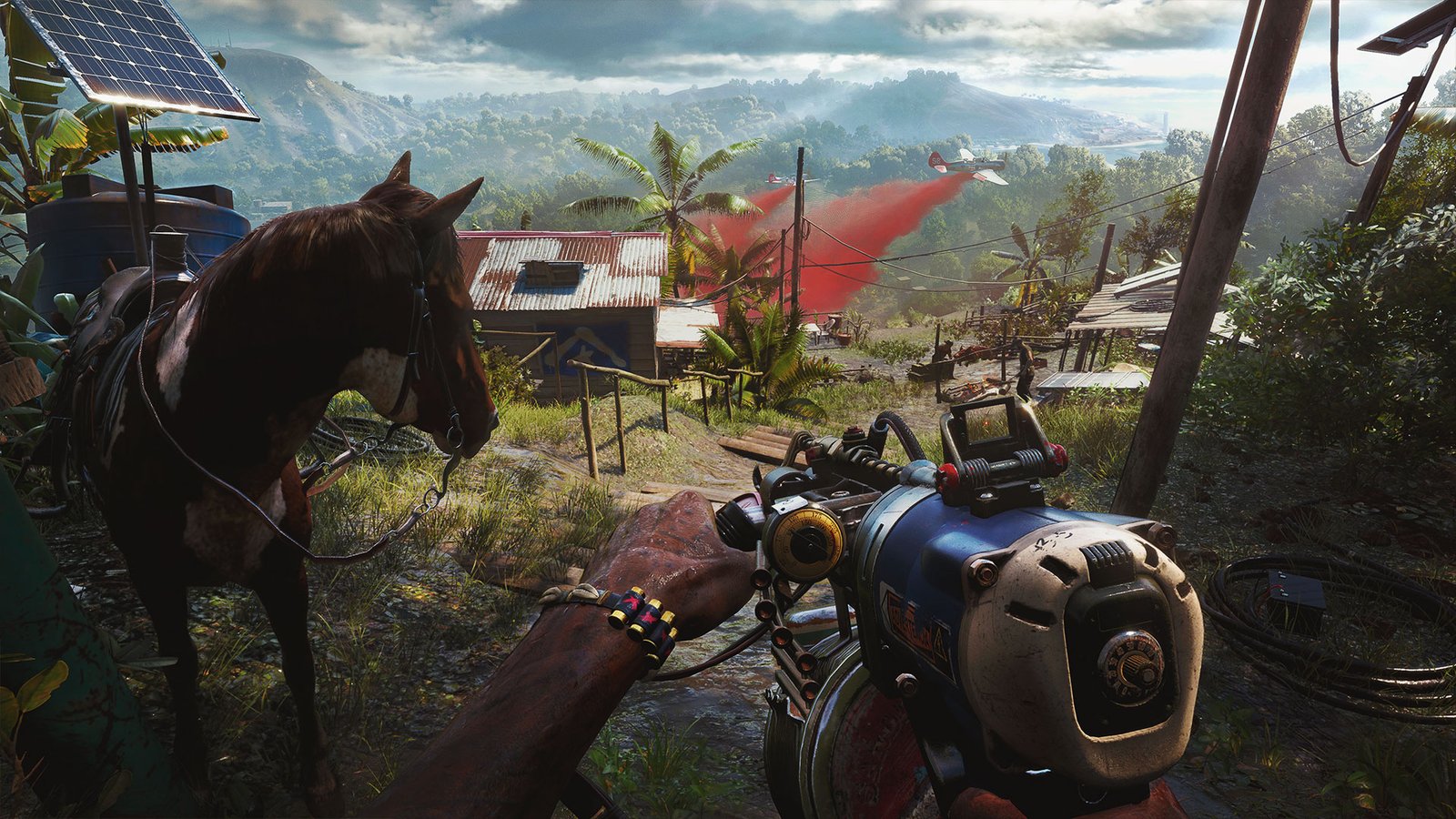 A player holding a machine gun while standing next to a brown horse in the FPS game Far Cry 6.