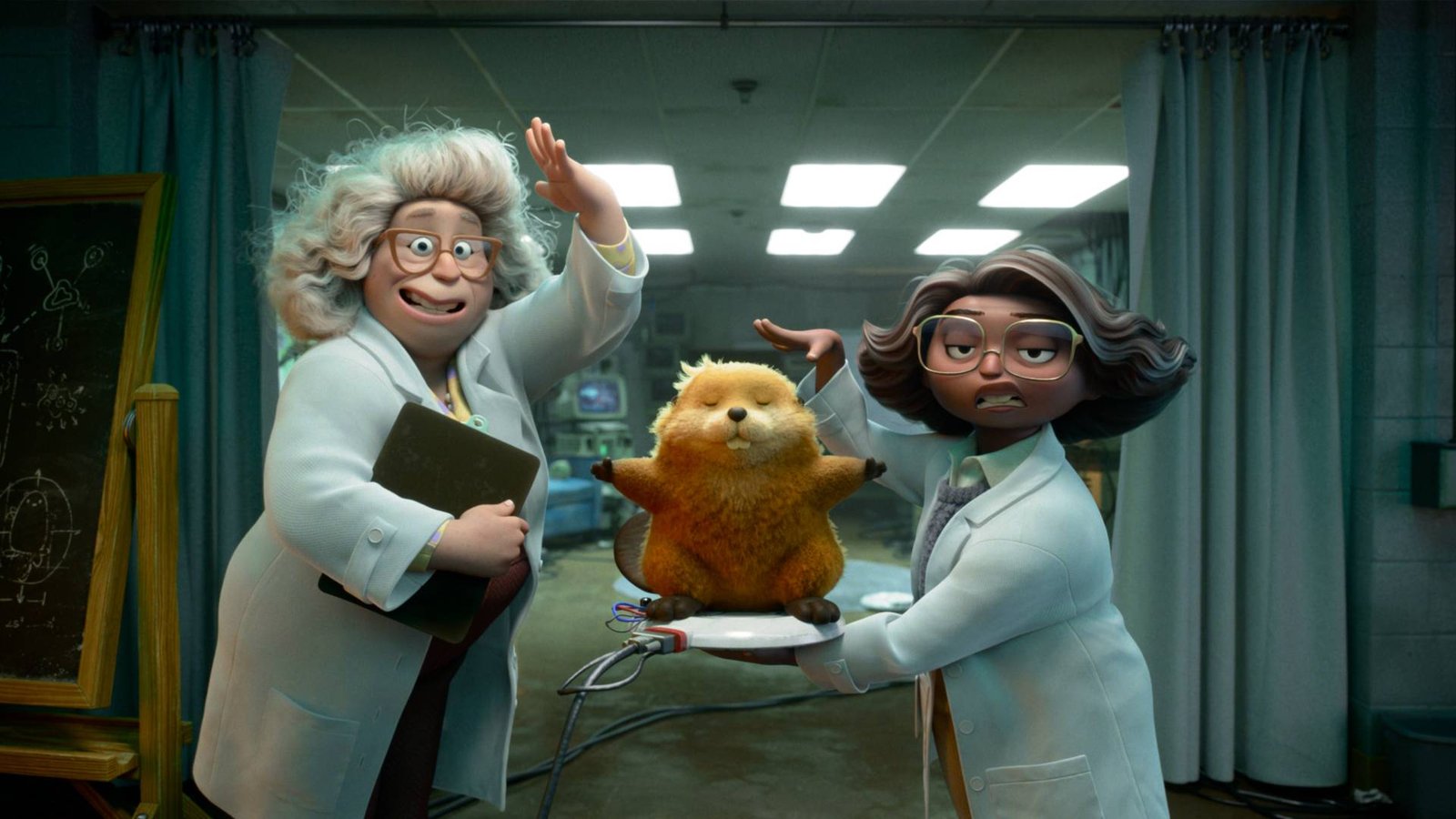 A beaver and two scientists in Pixar's Hoppers