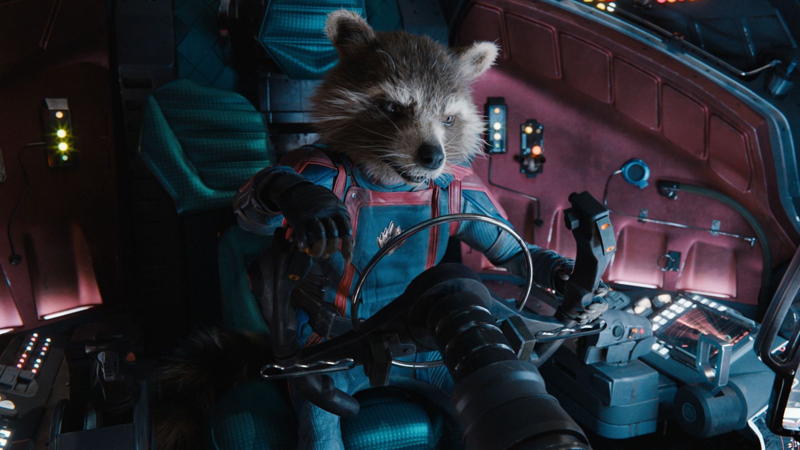 Rocket flying a spaceship in the Disney movie Guardians of the Galaxy 3