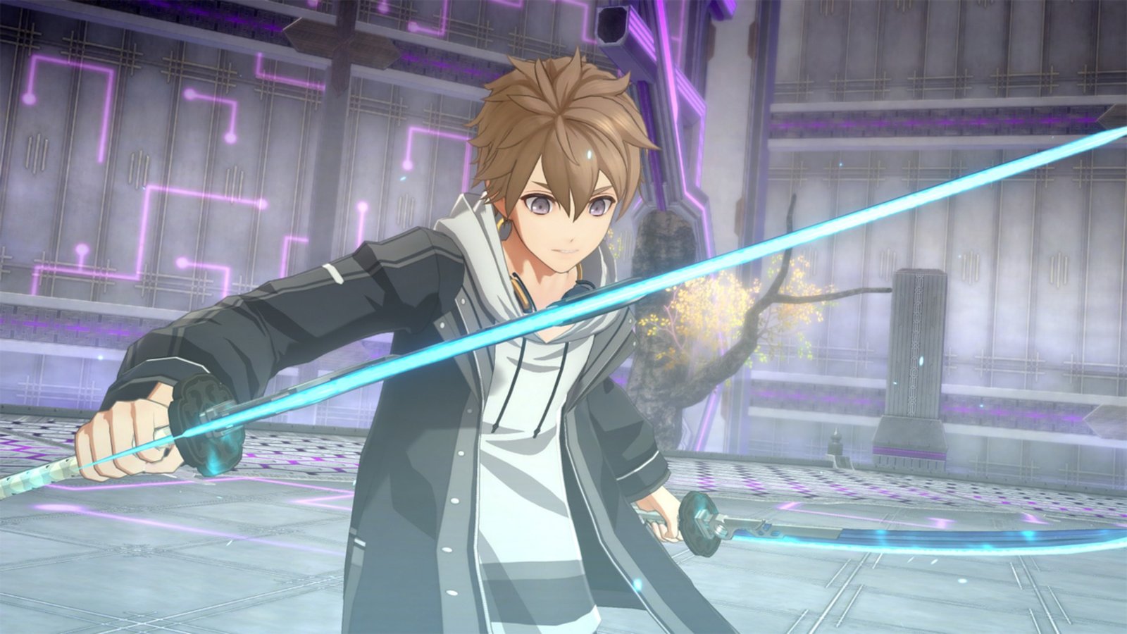 Kyoto Xanadu screenshot showing protagonist Rei who has dark grey hair looking at a sword he's holding that emits a blue glow
