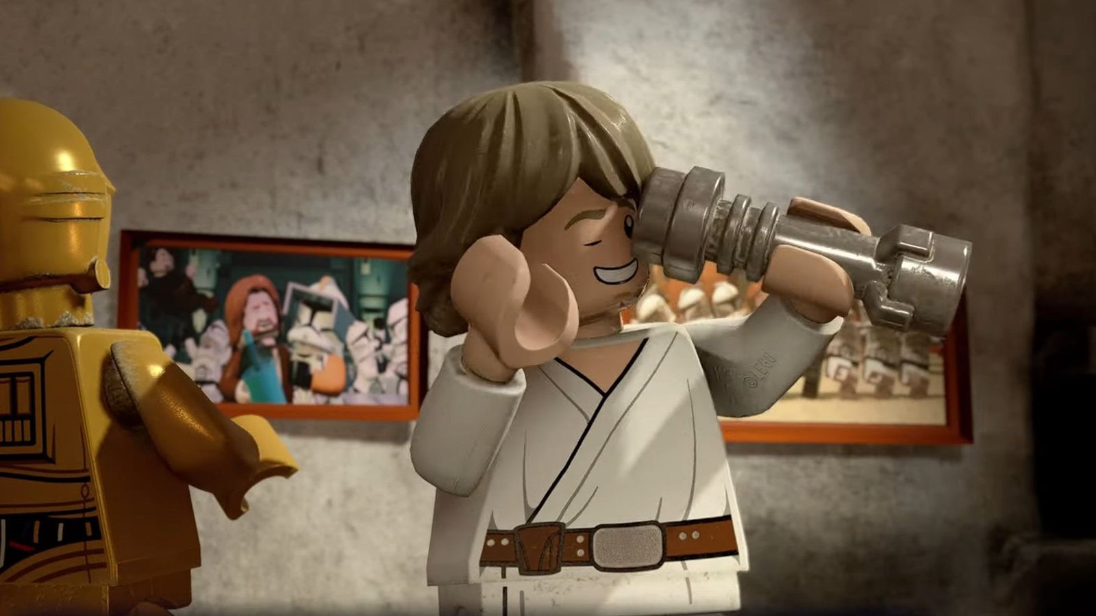 Luke Skywalker looking through a telescope during Lego Star Wars: The Skywalker Saga while smiling.
