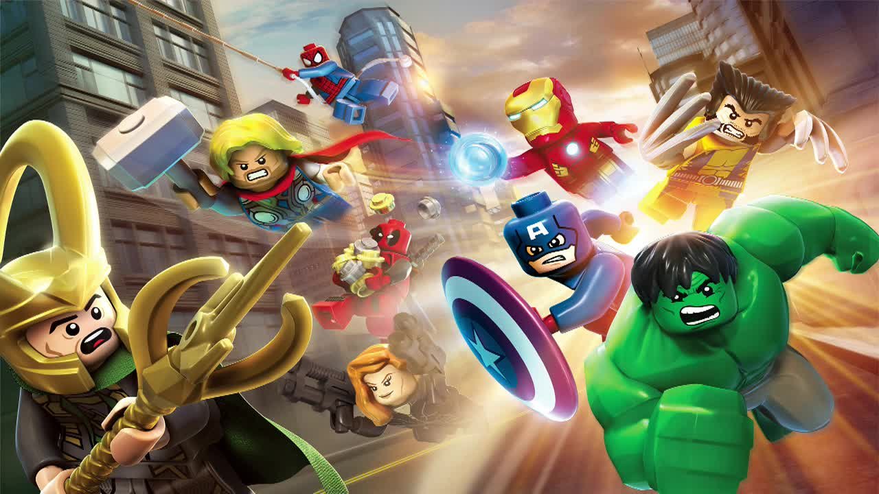The Avengers chasing after Loki during Lego Marvel Super Heroes, showing a range of Marvel characters in our pick of one of the best Lego games of all time.