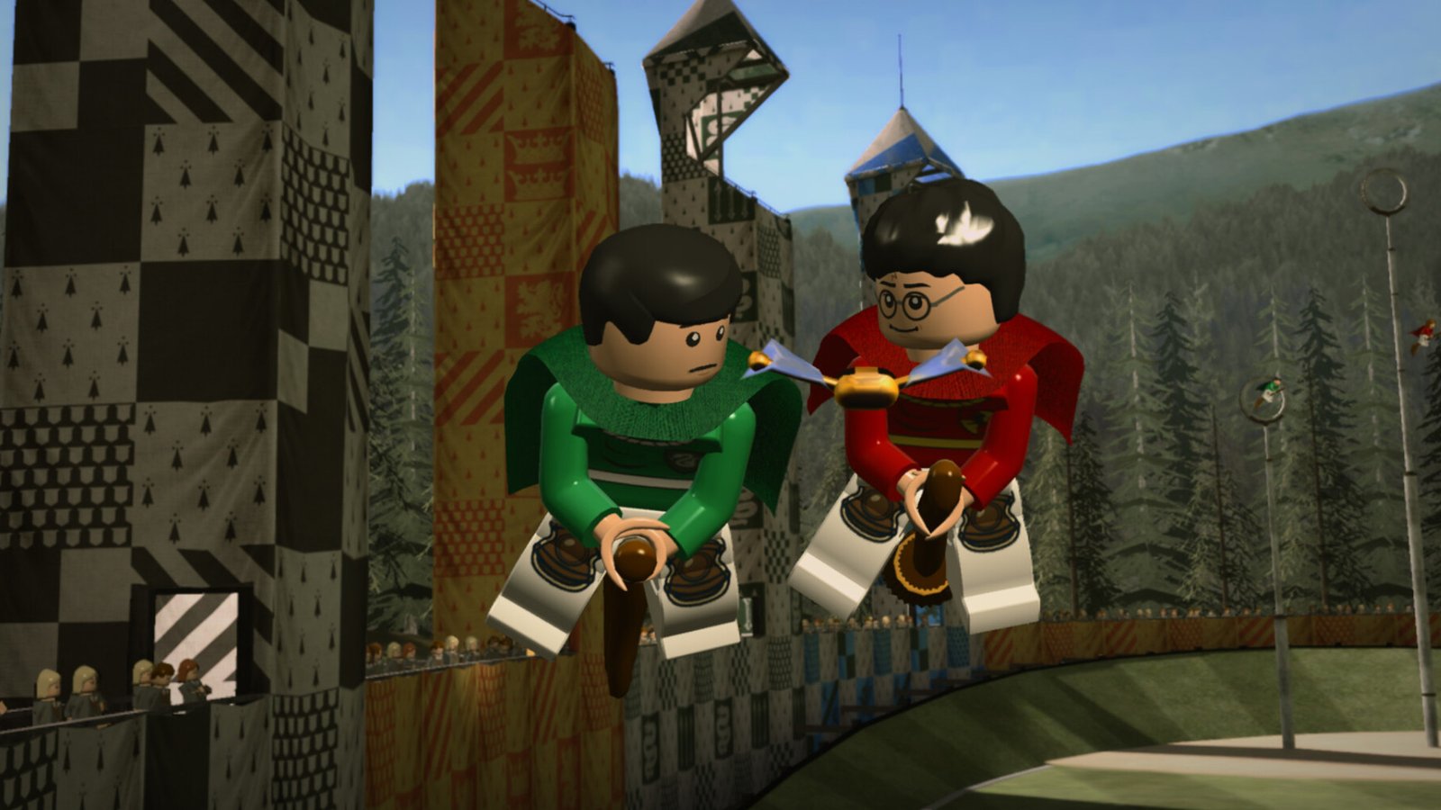 A Lego version of Harry Potter playing Quidditch and flying on a broomstick, showing how moments from the original movies were recreated in LEGO during the LEGO Harry Potter games.