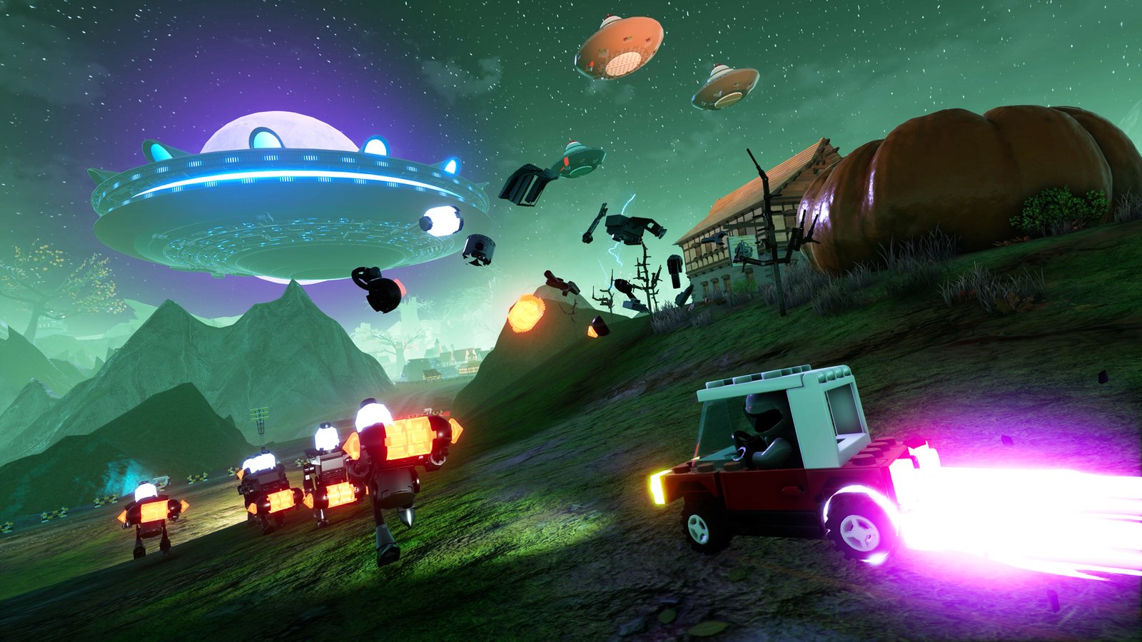 A group of cars cashing after an alien ship during Lego 2K Drive, showing the multiplayer features of the game in our pick for the best co-op Lego game ever made.