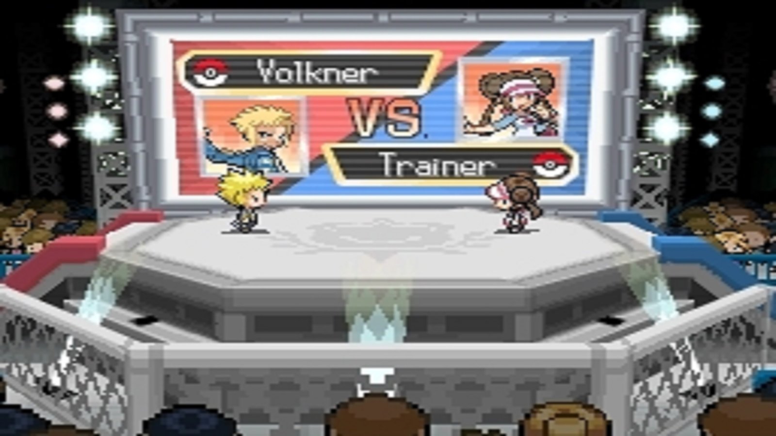 Pokemon Black 2 and White 2 screenshot of the trainer facing Volkner on a stage