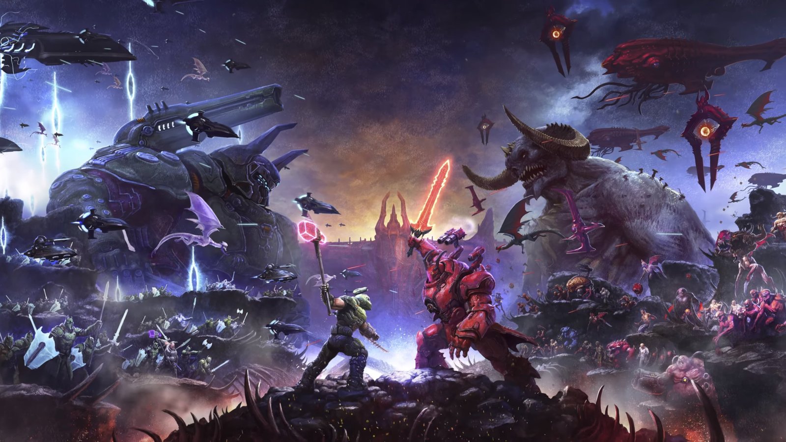A screenshot of the poster for Doom Eternal, featuring the Doom Slayer fighting the Icon of Sin.