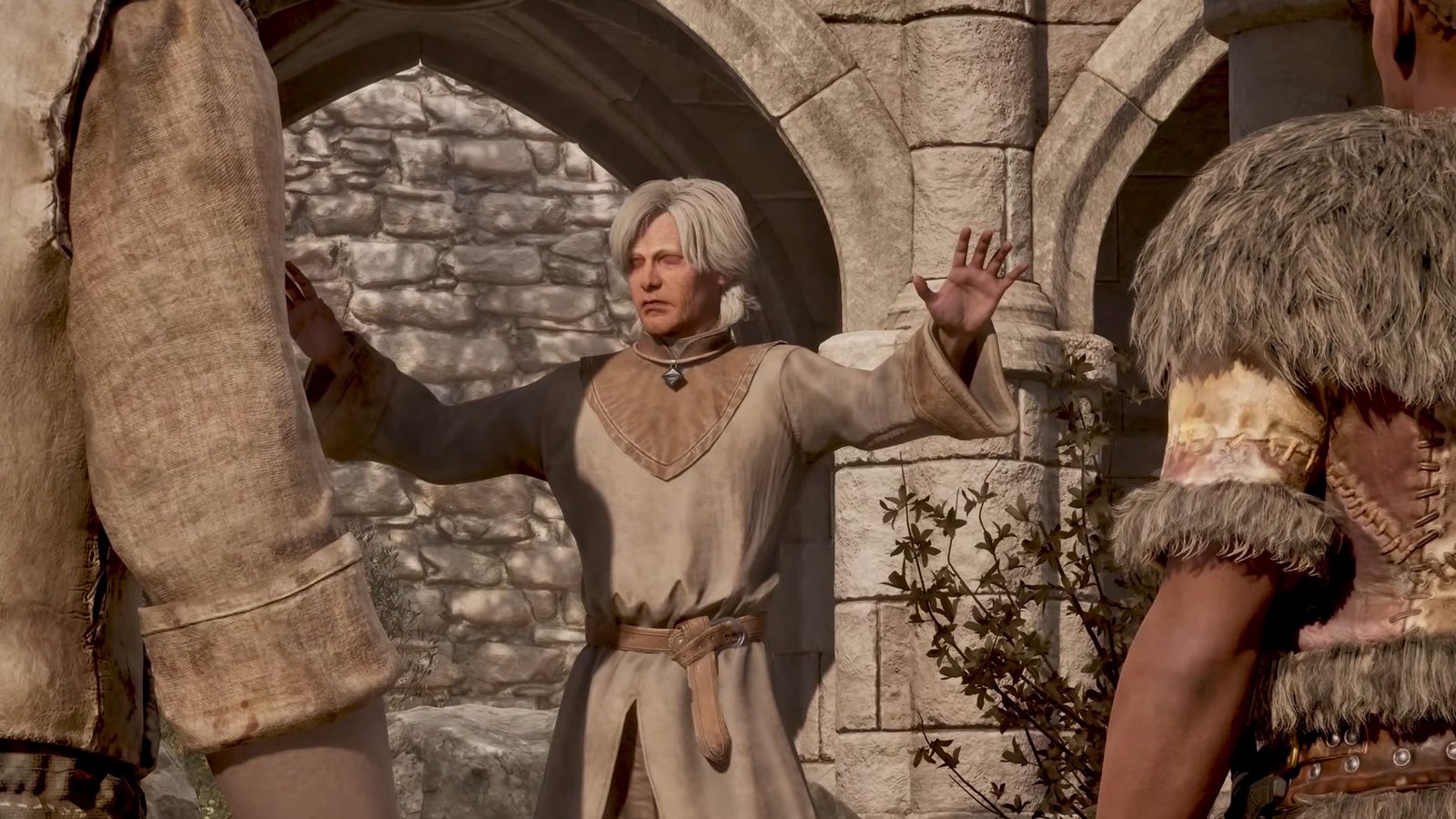 Oblivion Remastered screenshot of NPC preaching with eyes shut