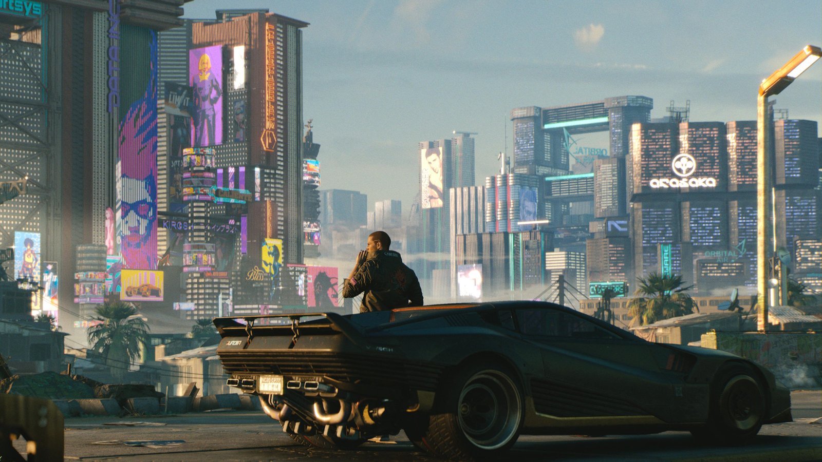 Best single-player games: a screenshot of a player standing with a car in Cyberpunk 2077.