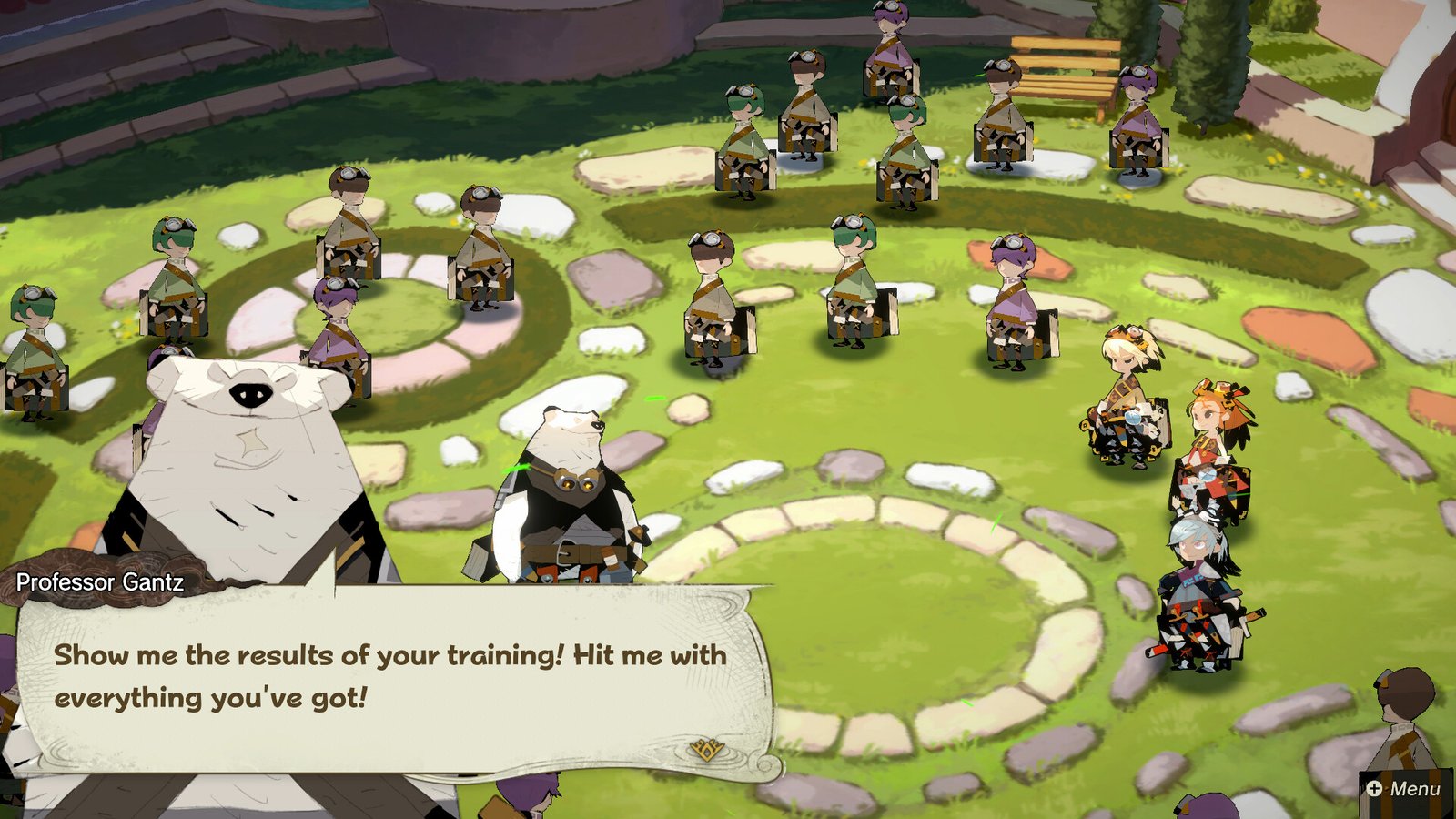Culdcept Begins screenshot showing a bear-like figure called Professor Gantz saying, "Show me the results of your training! Hit me with everything you've got!", as fighters encircle him