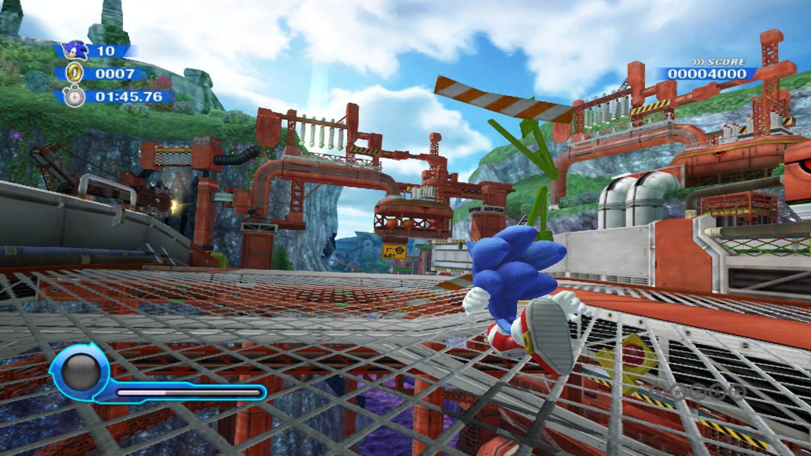 During a level in Sonic Colors, Sonic runs over a metal grated platform against a timer with a score in the top-right hand corner