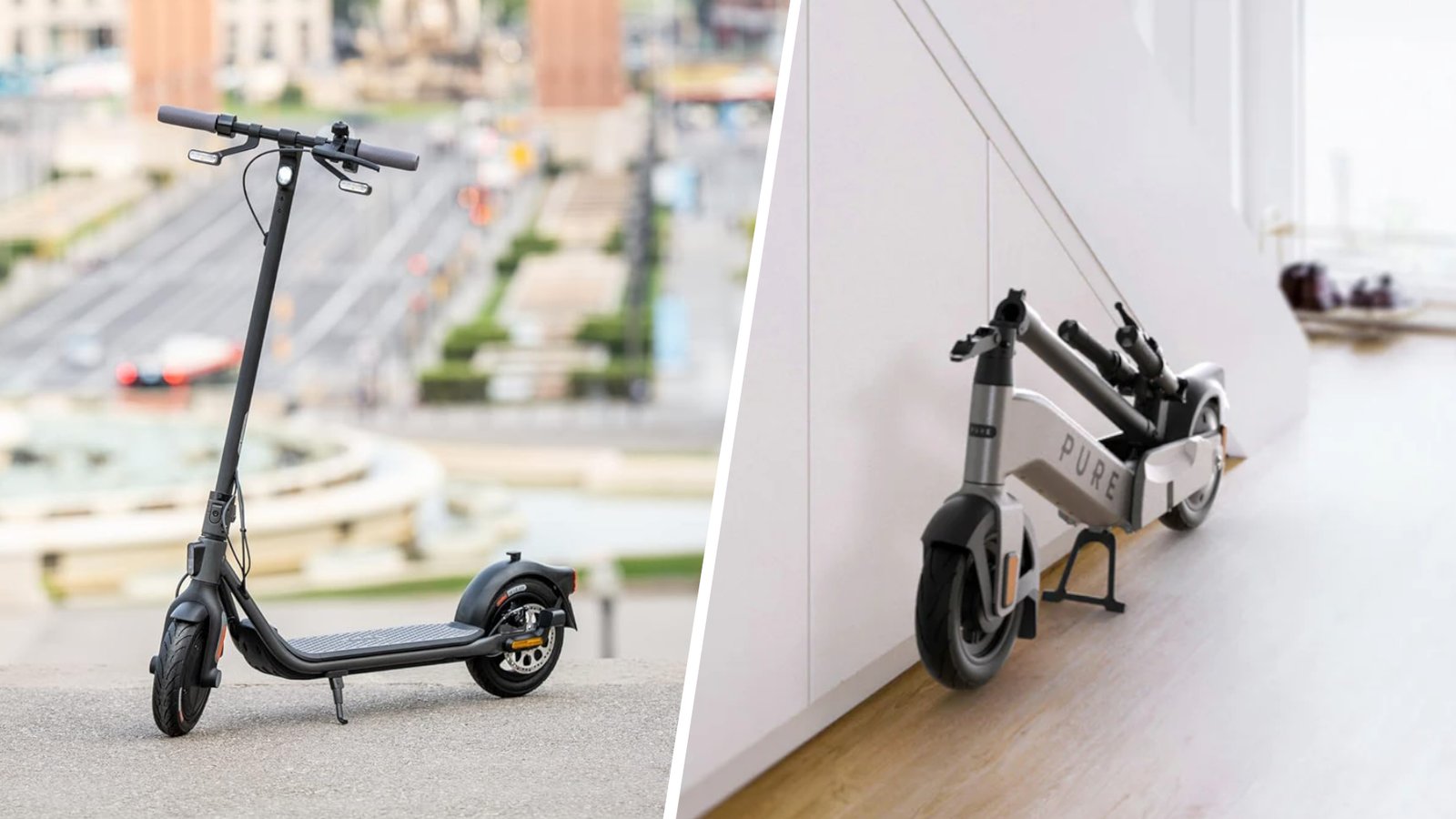 A Segway scooter on a hill in Barcelona alongside a folded-up Pure scooter, both divided by a white line