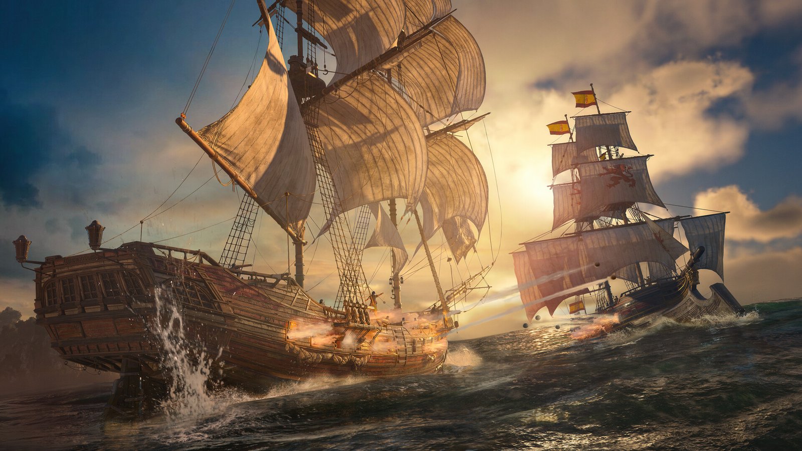 Two ships in a battle on the sea during the upcoming game, Assassin's Creed Black Flag Resynced