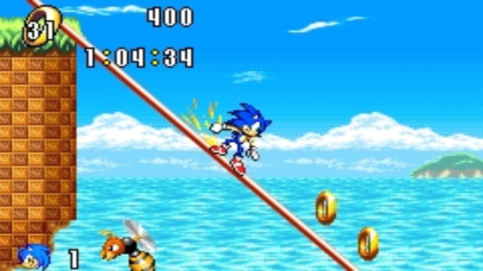 During Sonic Advance on the Game Boy Advance, Sonic grinds down a beam towards some gold rings