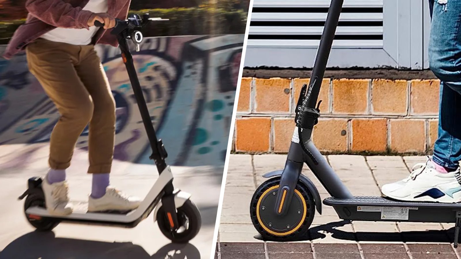 Two scooters are being ridden down a street with the riders' faces not fully visible, and the two vehicles are divided by a white line