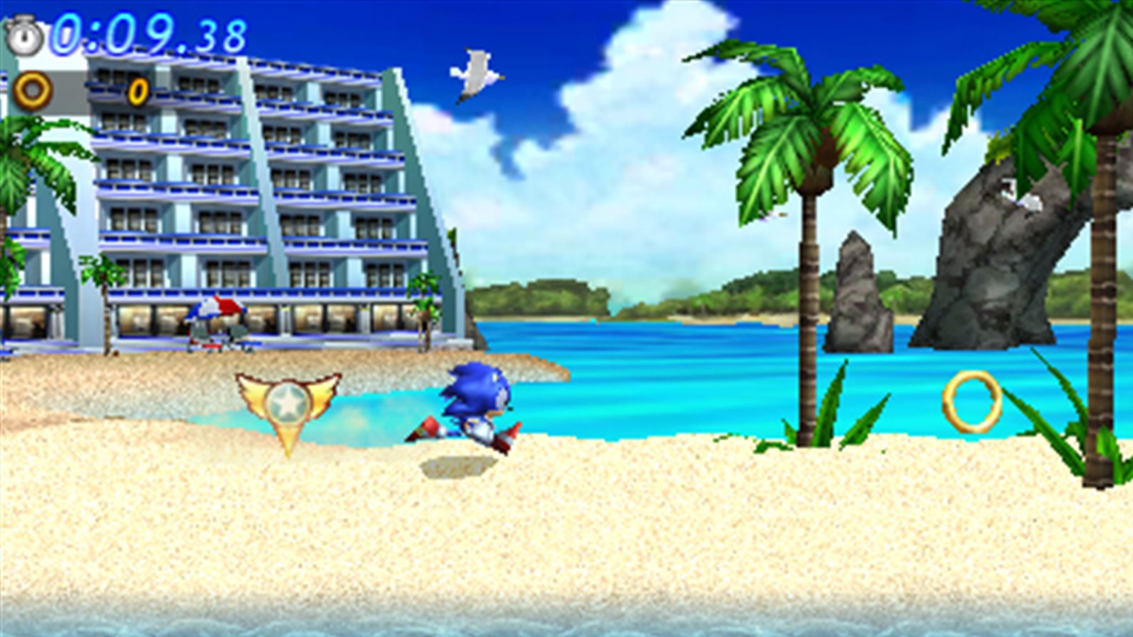 Sonic Generations on the 3DS shows Sonic running along the beach Sonic during the Emerald Coast stage