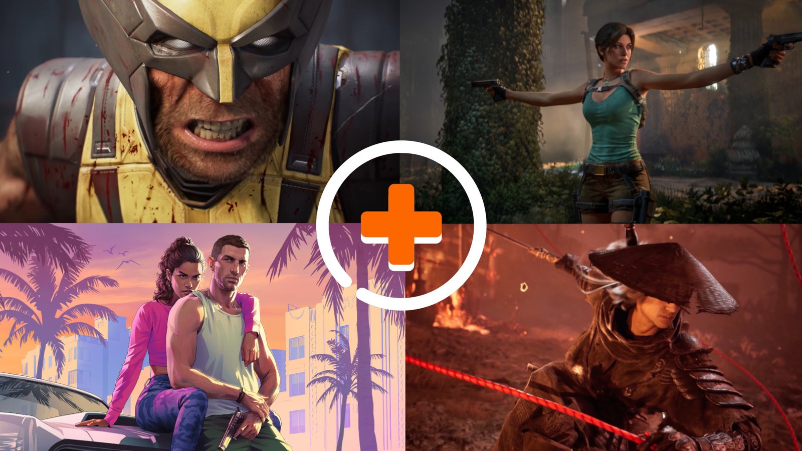 The upcoming PS5 games roundup featured image showing Marvel's Wolverine, Tomb Raider: Legacy of Atlantis, GTA 6, and Phantom Blade 0 with the GamesRadar+ logo in the center