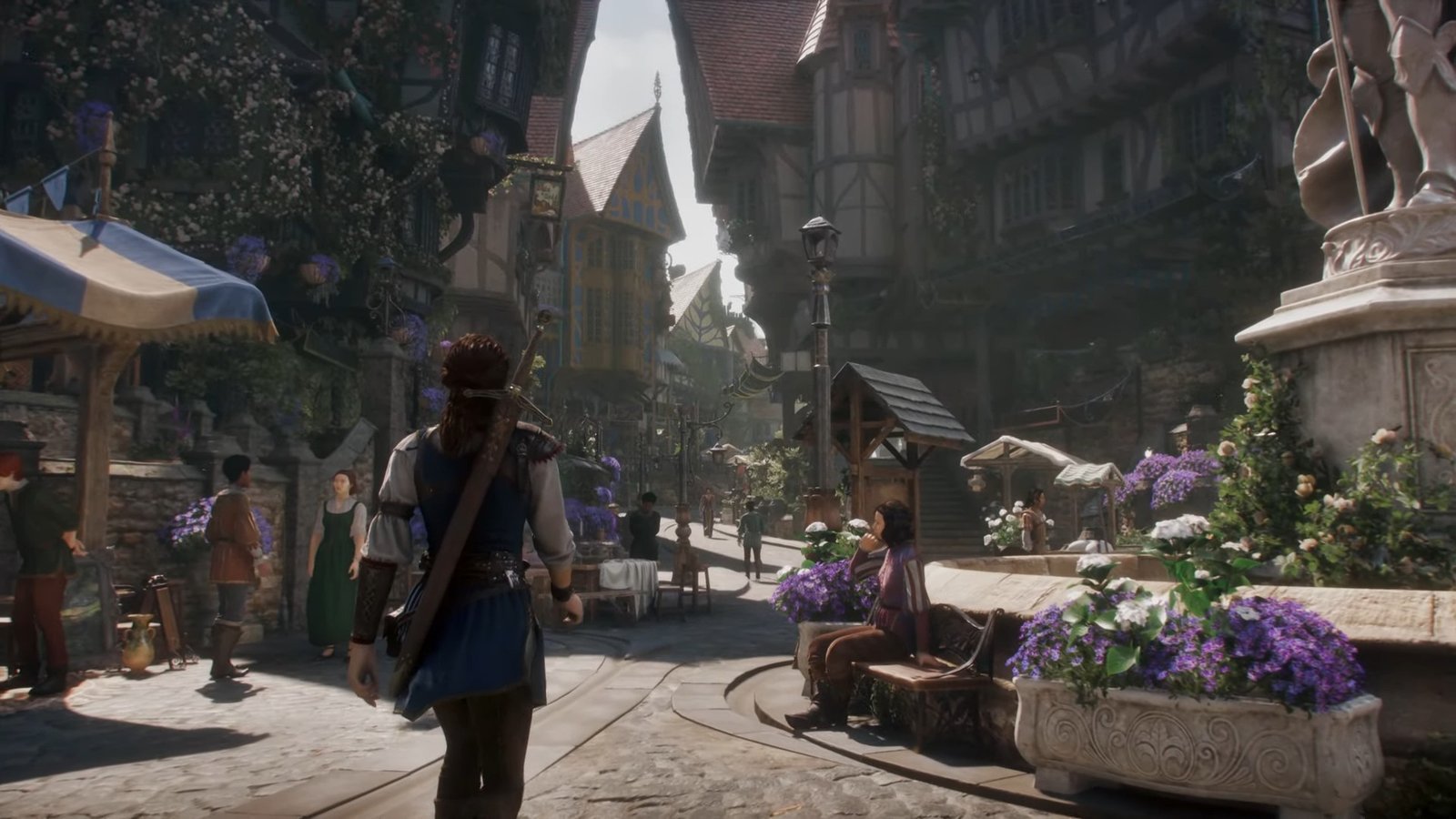 The hero walking through a town square in the upcoming Xbox Series X game Fable 4.