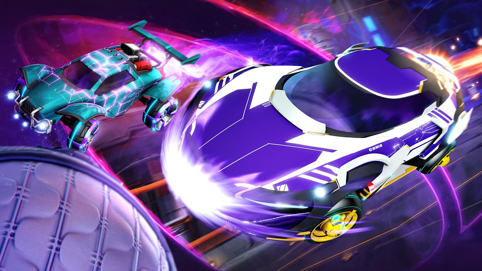 Two cars racing towards a ball on a purple background during, Rocket League.