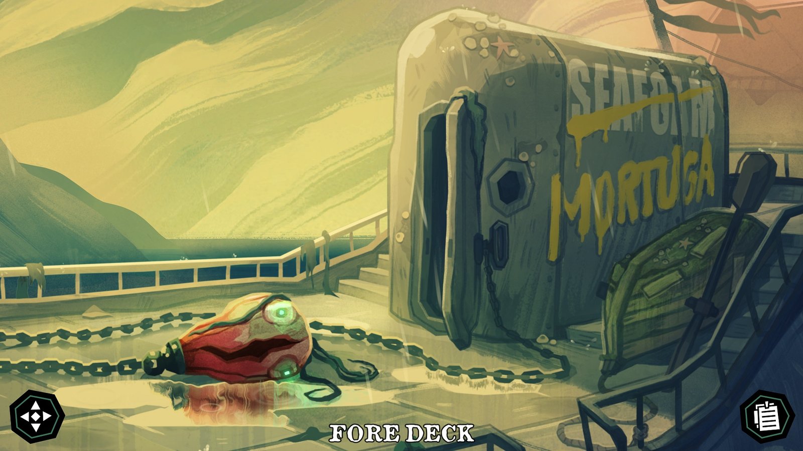 The Mermaids Tongue shows the top of a the fore deck where a name is crossed out on the hill and "Mortuga" is spray-painted on it