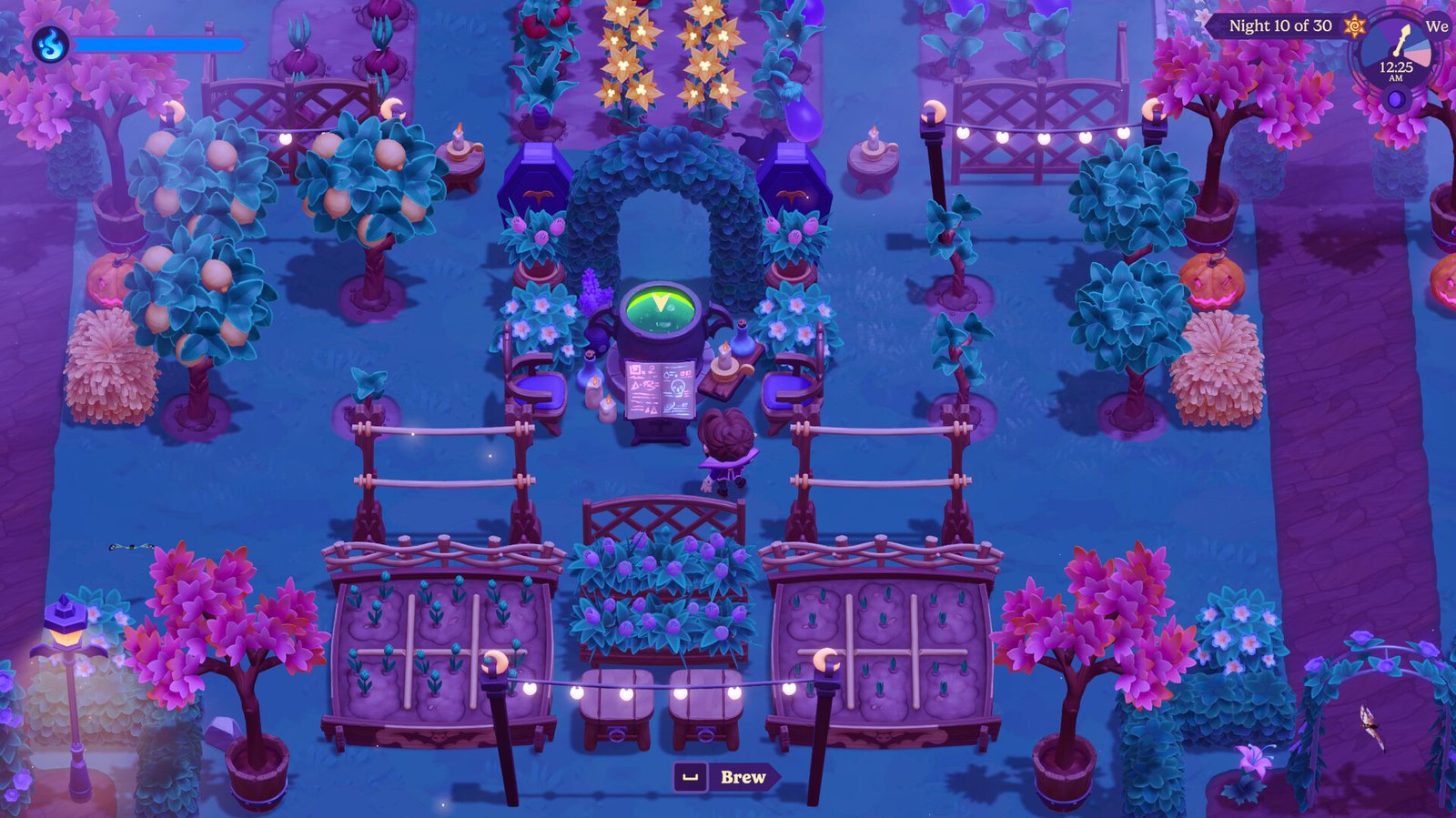 A vampire farmer brewing potions next to their crops in the upcoming Switch 2 game, Moonlight Peaks