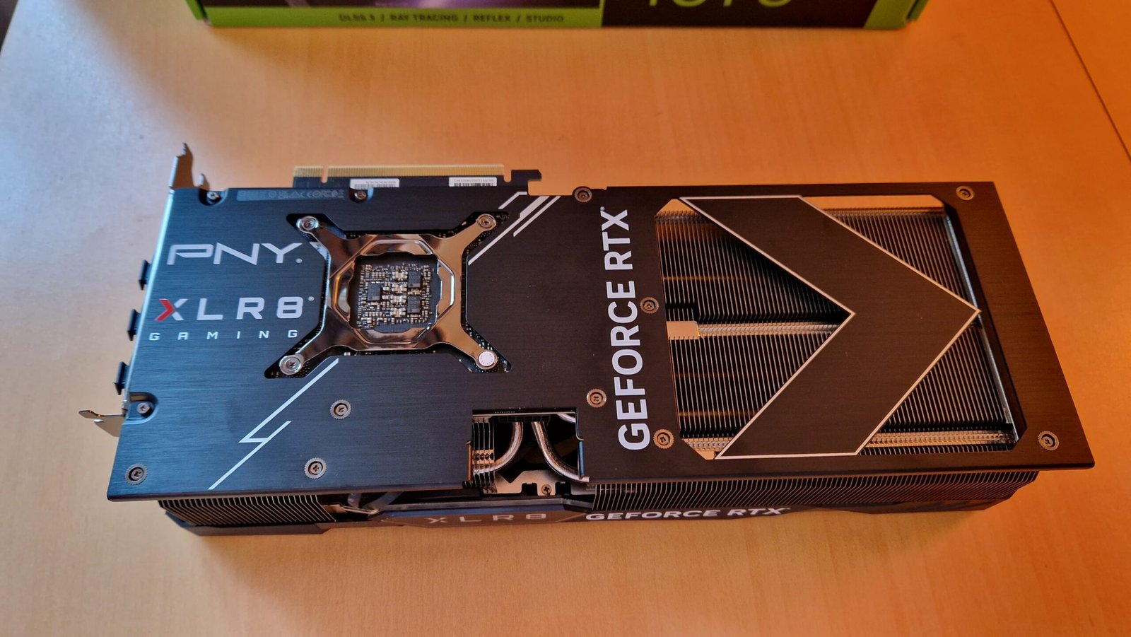 PNY GeForce RTX 4070 Ti from above lying on a table