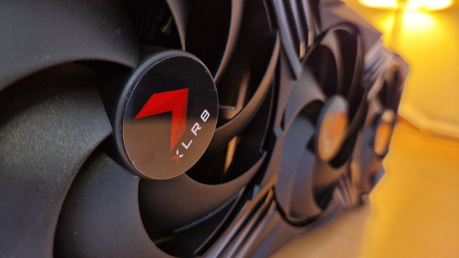 PNY GeForce RTX 4070 Ti's fans up close showing the XLR8 branding