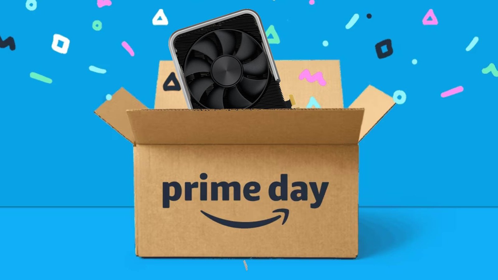 Prime Day box with blue backdrop and RTX 3060 sticking out of top