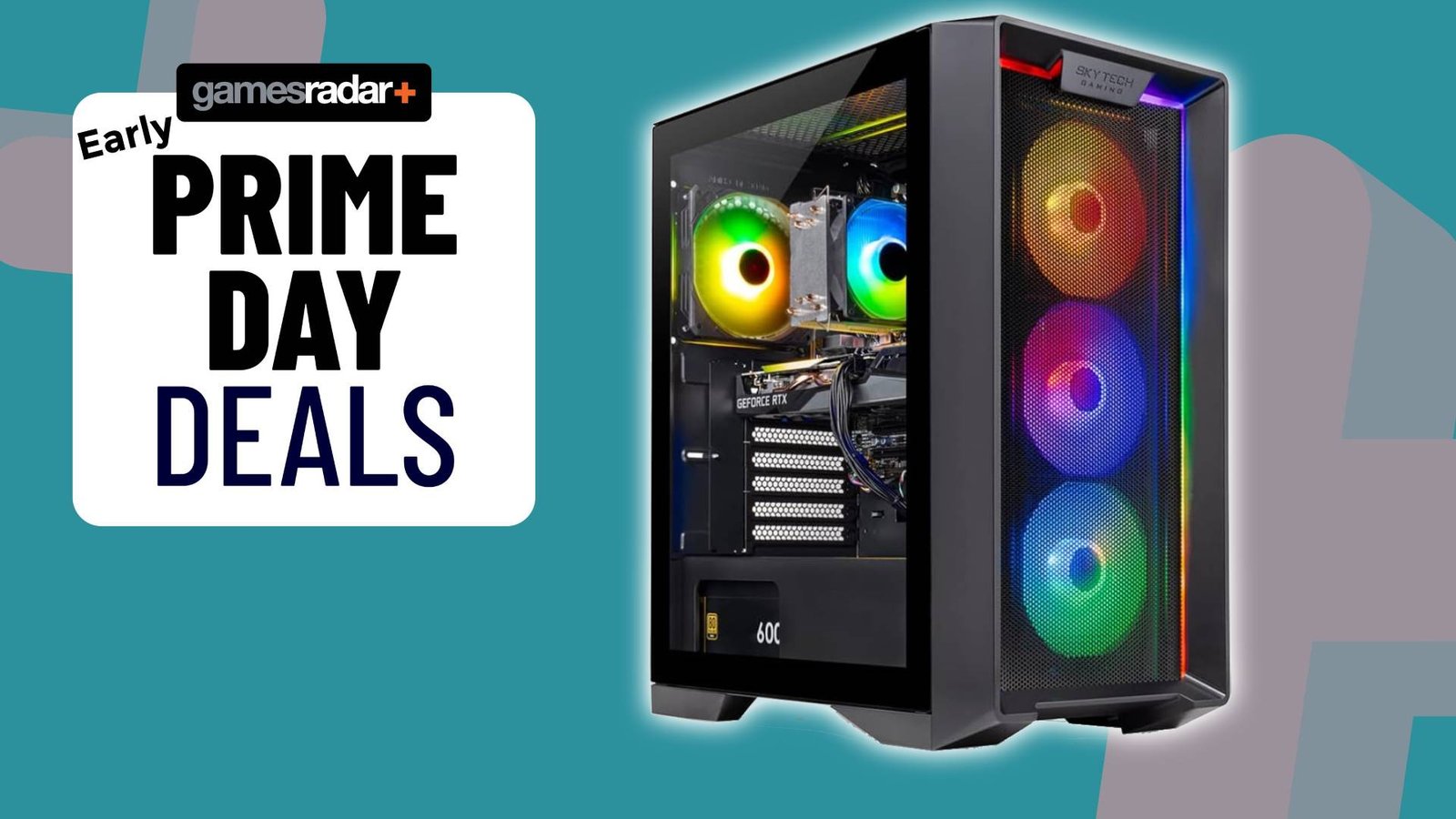 Skytech gaming PC with green backdrop and GamesRadar Prime Day logo on left