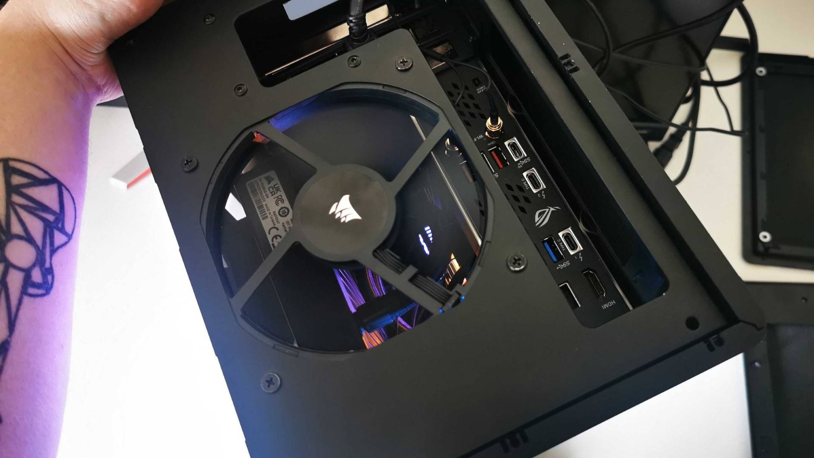 Origin Chronos V3 PC top view with cover off and ports exposed