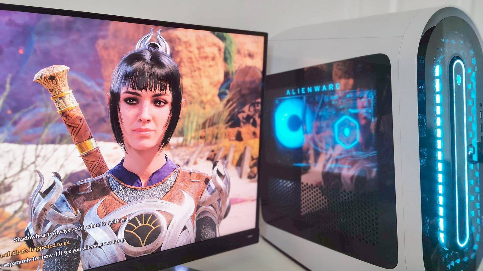 Alienware Aurora R15 running Baldur's Gate 3 with Shadow Heart on screen