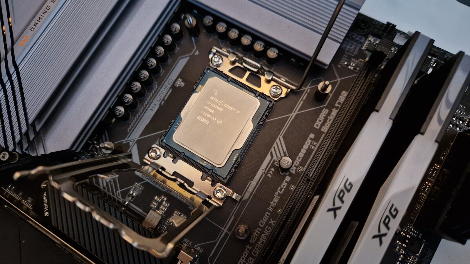 Intel Core i7-13700K seated on a motherboard from above