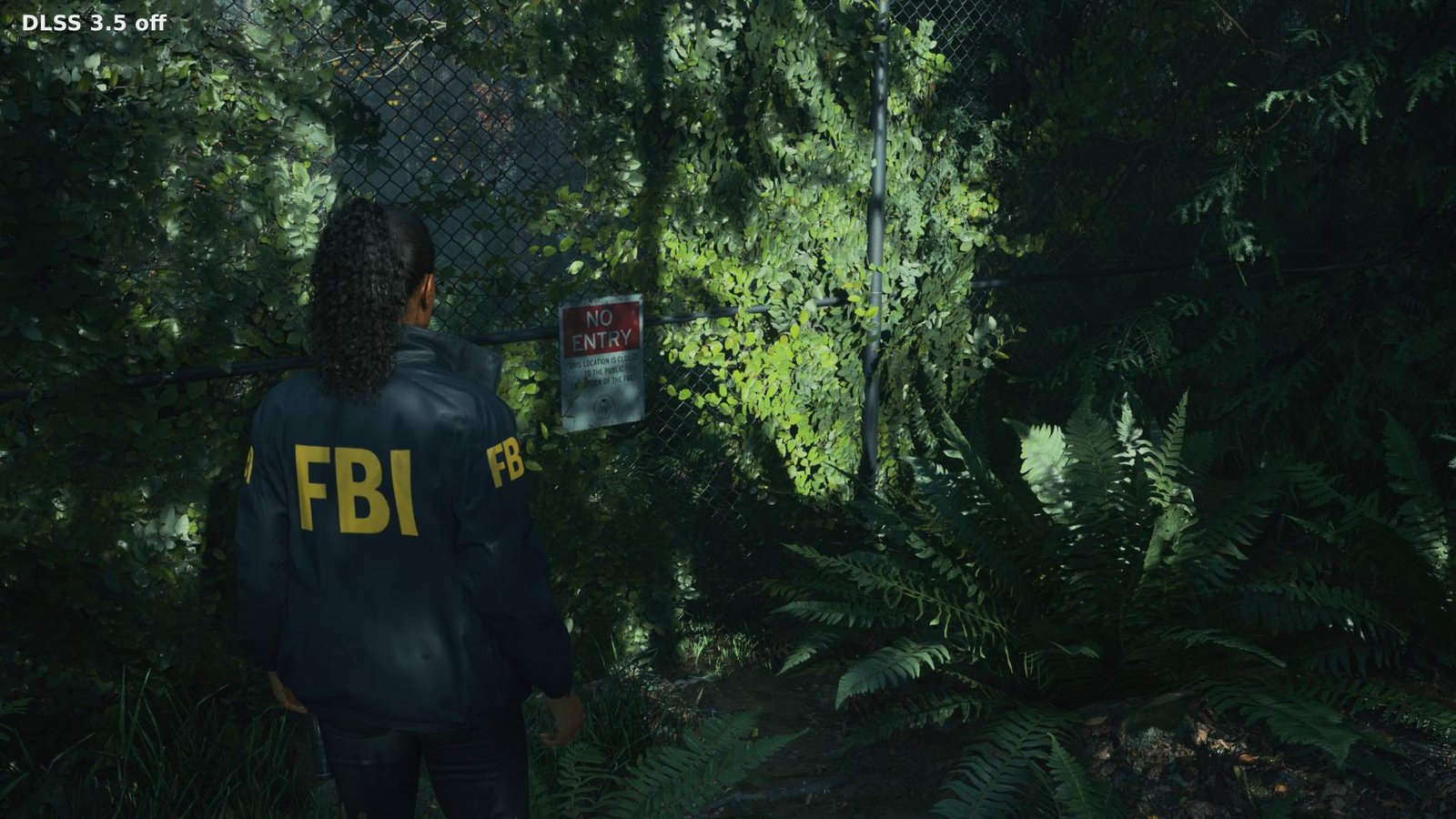 Alan Wake 2 screenshot with Ray Reconstruction off next to fence