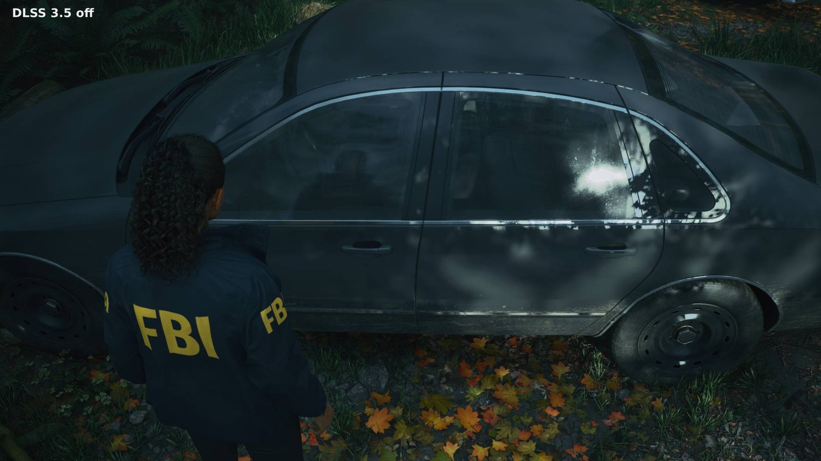 Alan Wake 2 screenshot with Ray Reconstruction off next to car