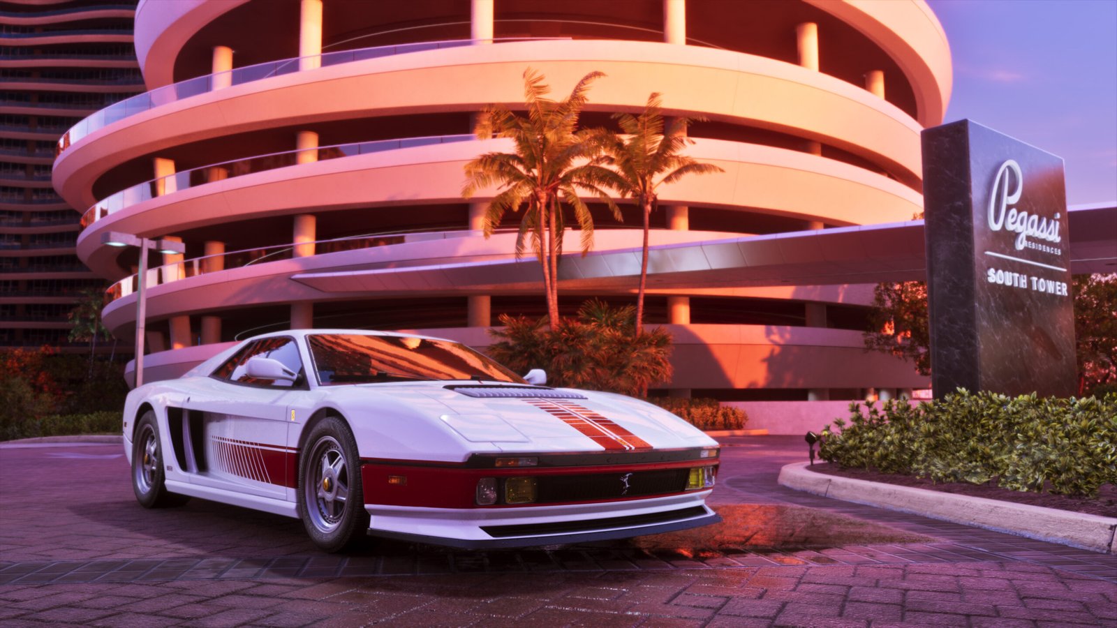 A '95 Grotti Cheeta parked outside the Pegassi Residences South Tower in GTA 6