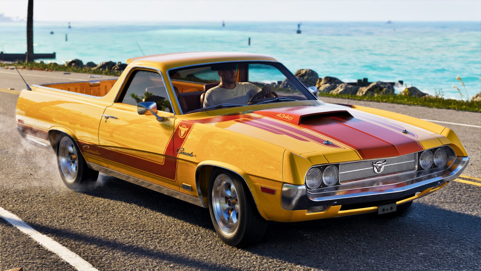 Jason's Vapid Ganado pickup driving on a coastal road in GTA 6