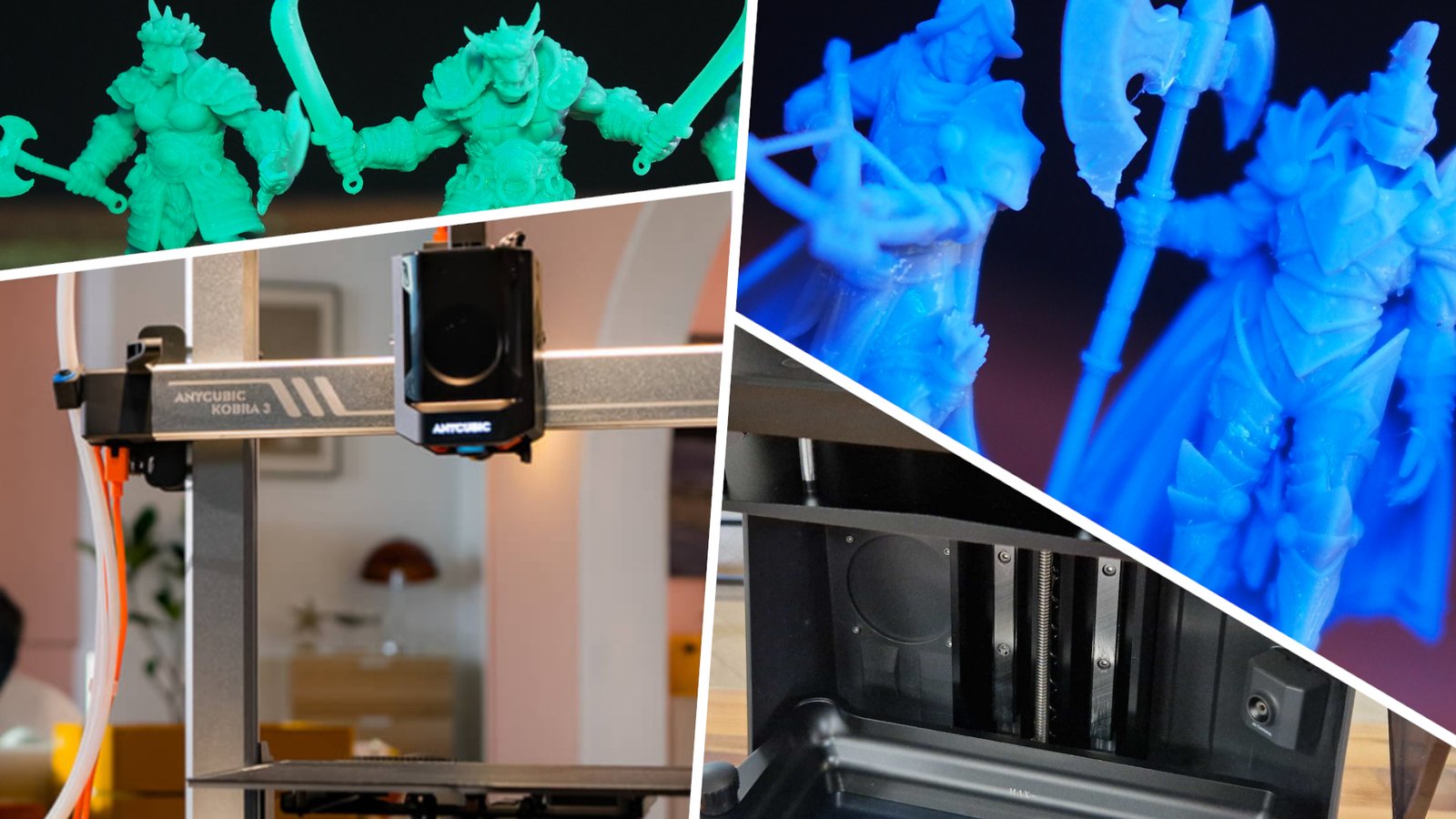 Models, an Anycubic Kobra 3 Combo, and Elegoo Saturn 4 Ultra divided by white lines
