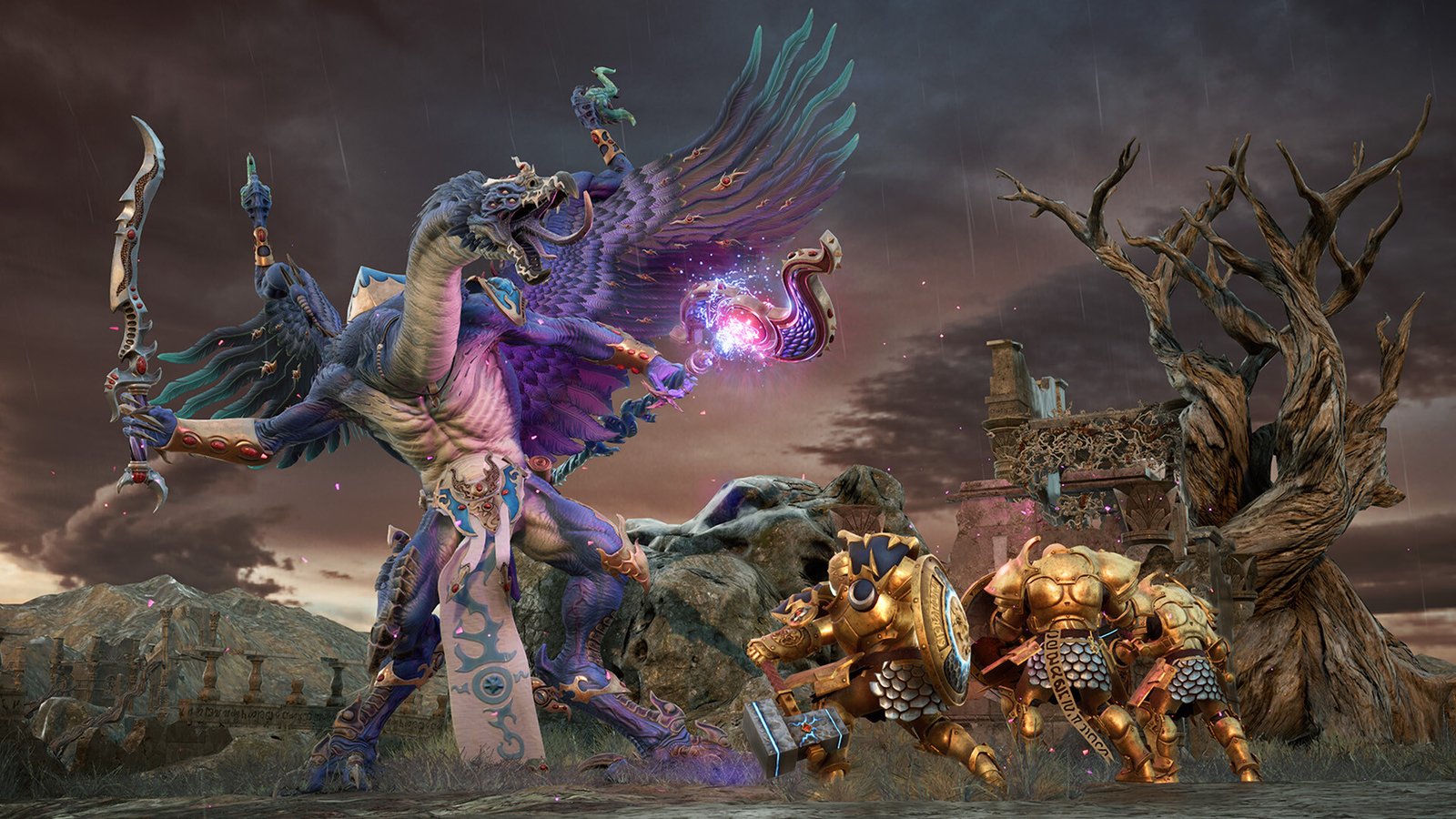 A Lord of Change fighting soldiers of Sigmar in Realms of Ruin, one of the best Warhammer games.