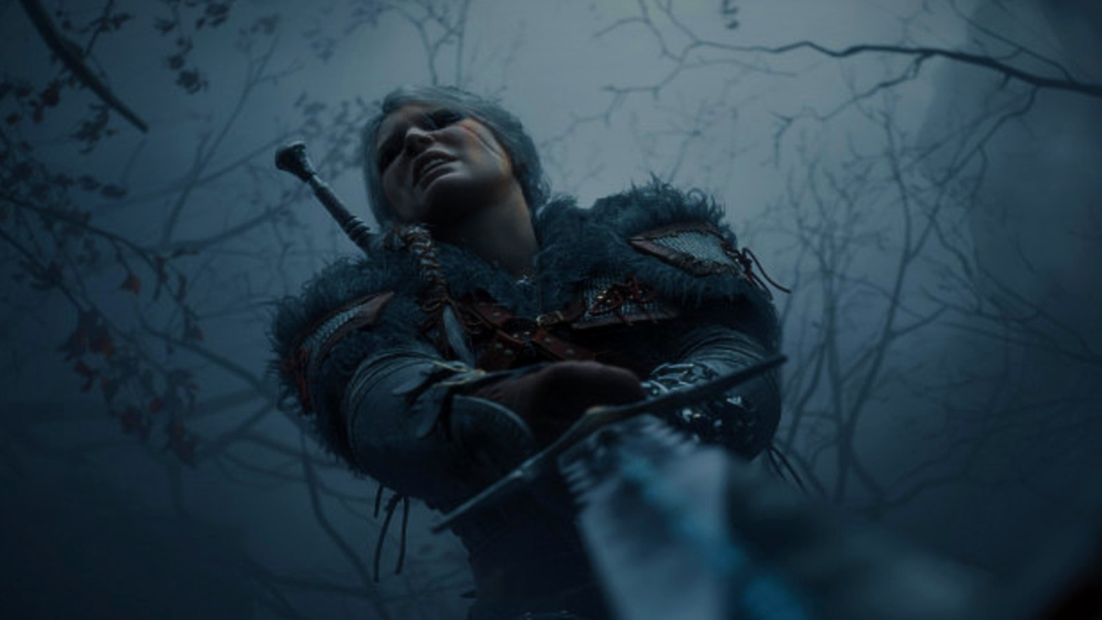 In a cinematic shot from the Witcher 4 trailer, Ciri holds onto the hilt of a sword to draw it from an impaled foe in a dark forest