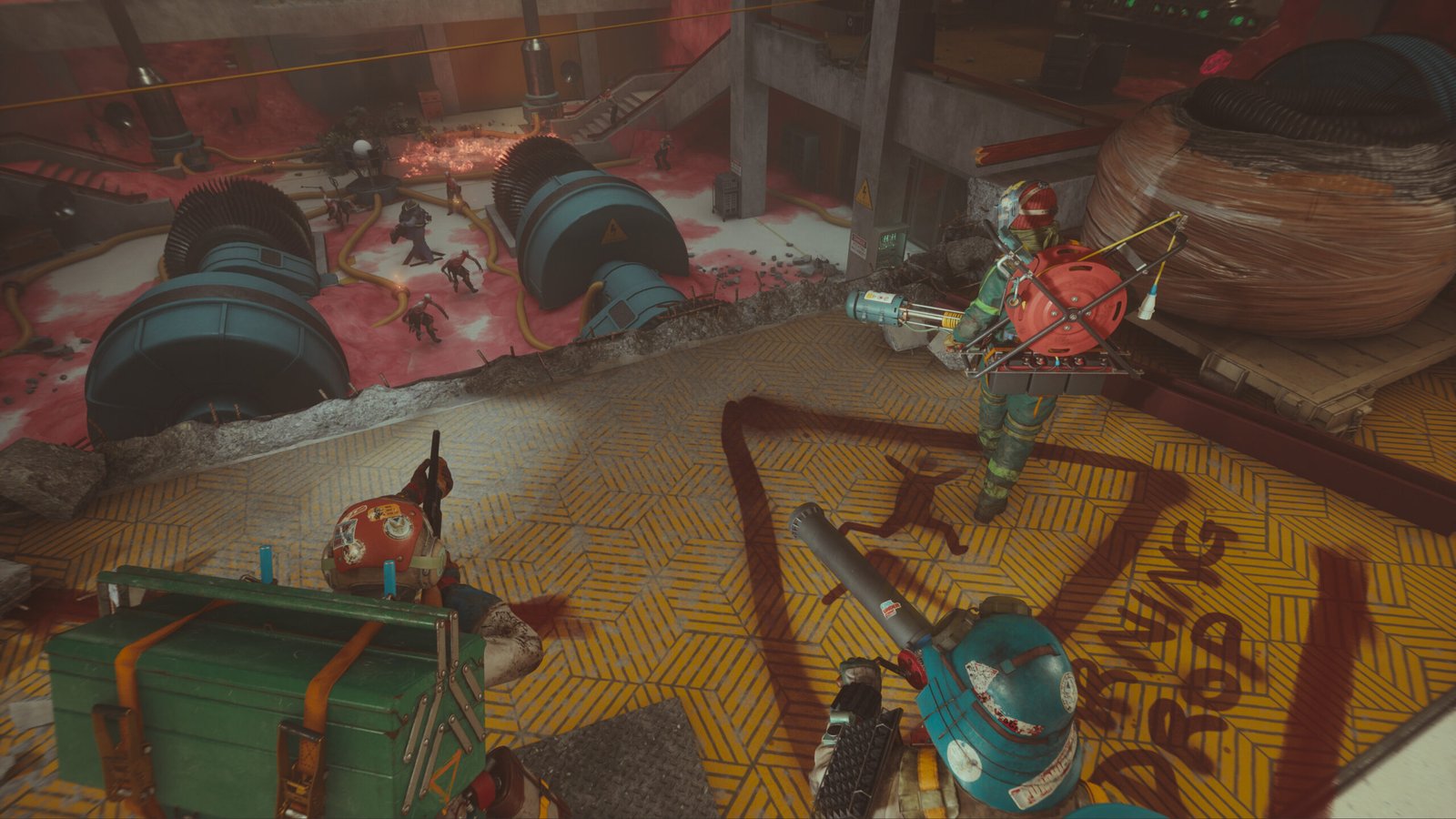 Players look down an oncoming wave of Hiss in a generator room in FBC: Firebreak