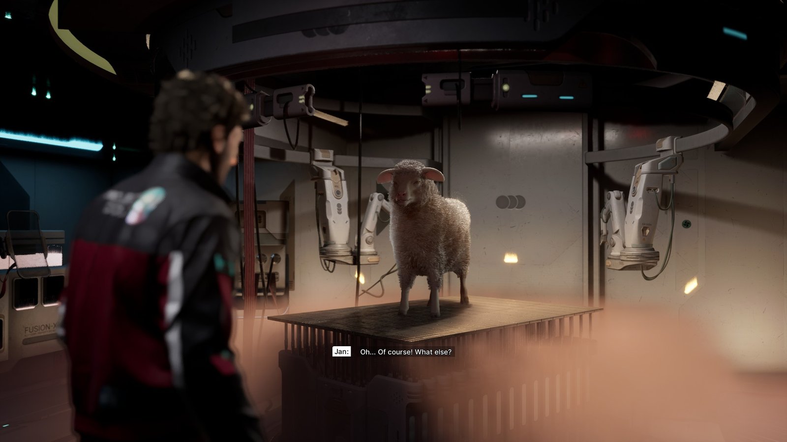 Jan looks at a sheep in The Alters within a lab