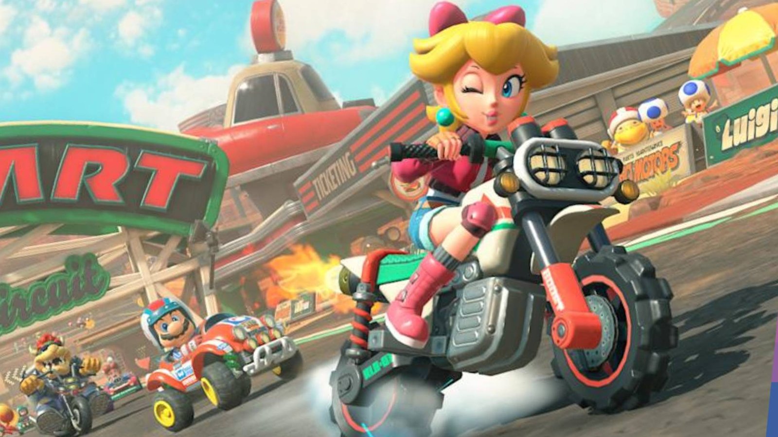 Princess Peach on bike with Mario and Bowser on track in backdrop.