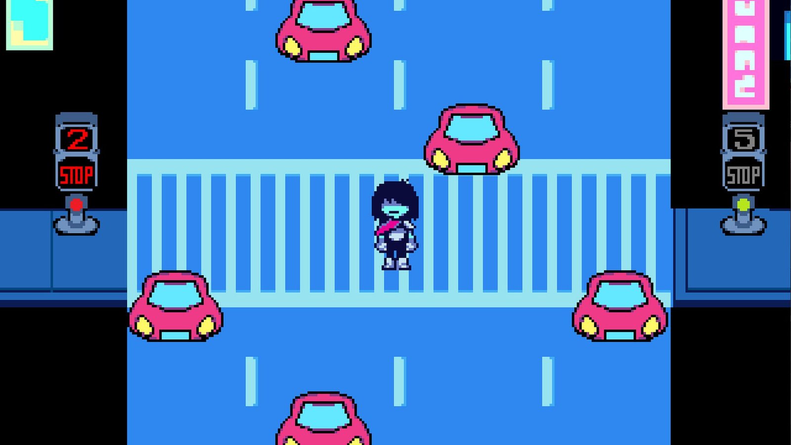 Kris standing in the middle of a street crossing with five red cars driving around them in Deltarune on the Switch 2.