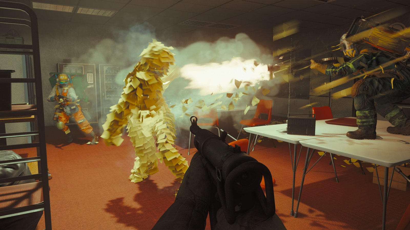 An enemy covered in sticky notes is surrounded by players in FBC: Firebreak