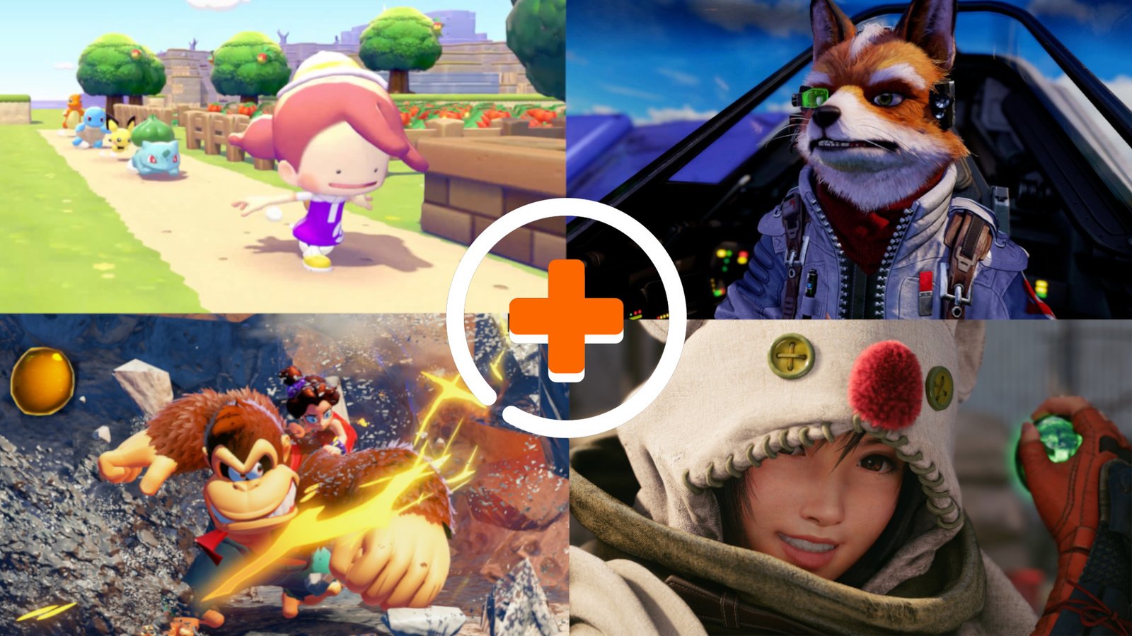 Best Switch 2 games banner image showing the GamesRadar+ logo in the center, with Switch 2 games Pokemon Pokopia, Star Fox, Donkey Kong Bananza, and Final Fantasy 7 Intergrade
