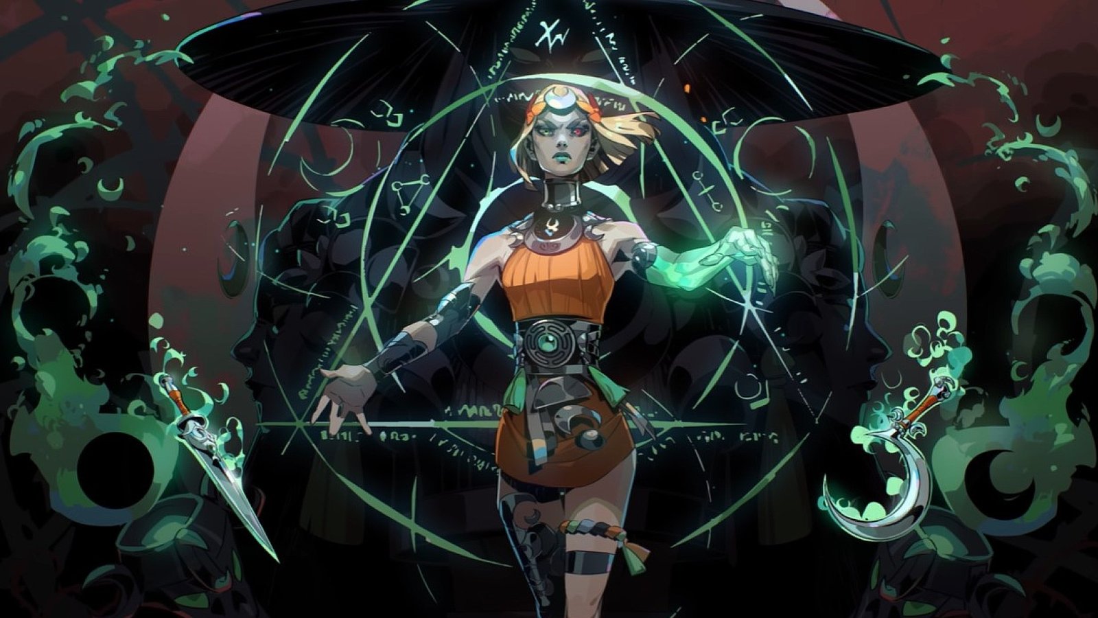 Melinoë standing in front of a glowing green rune with green flames on either side of it in Key art for the game Hades 2